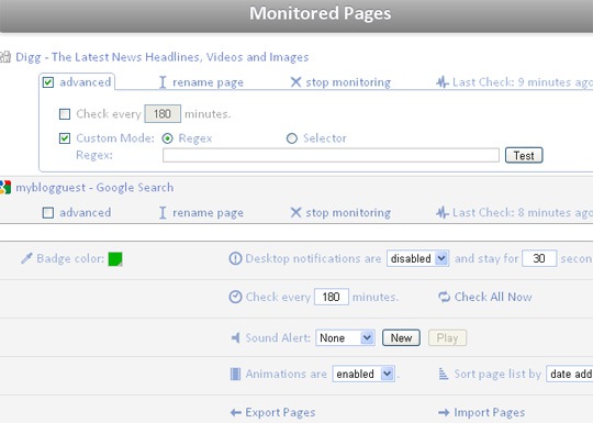 Page monitor options