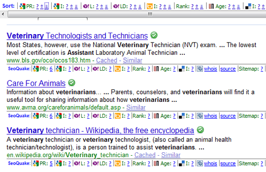 SEO Quake Search Results Sorted by PageRank