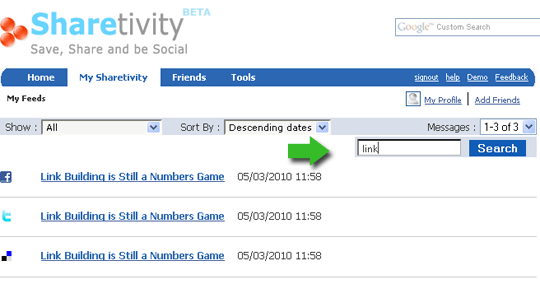 Sharetivity history search