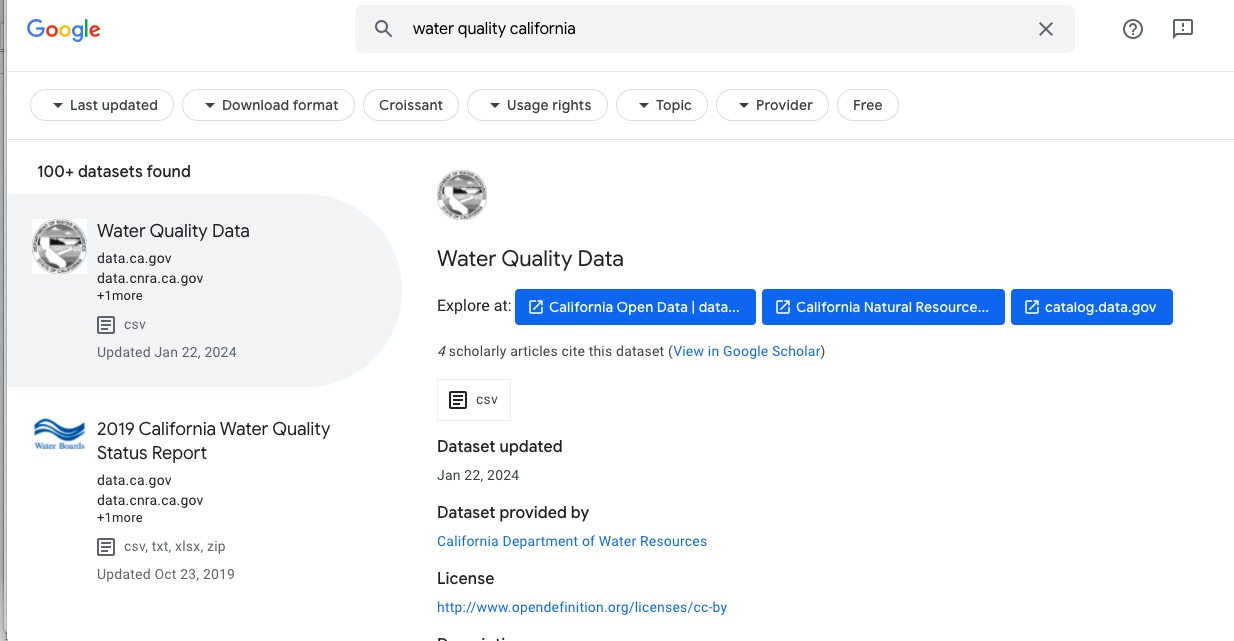 Поиск в Google качества воды в Калифорнии