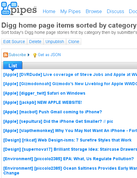 Digg home page by category and submitter