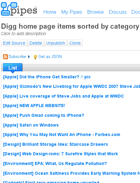 Digg home page by category