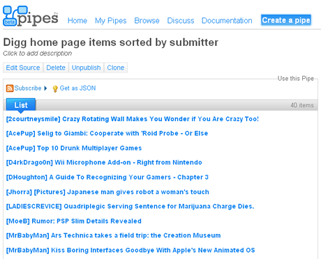 Yahoo Pipes - digg homepage sorted by submitter
