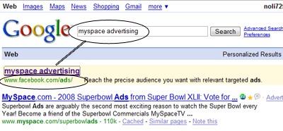 Google Ad for “MySpace Advertising” Shows Facebook Ads Results