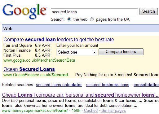 Google UK Merchant Search Loan Quotes