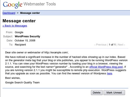 Google message sent to hacked sites