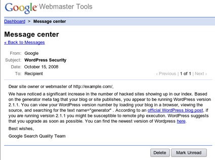 Google message sent to hacked sites