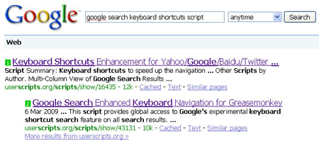 Google Search Keyboard Shortcuts: Greasemonkey Script