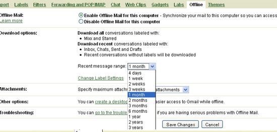 Google offline: Gmail settings