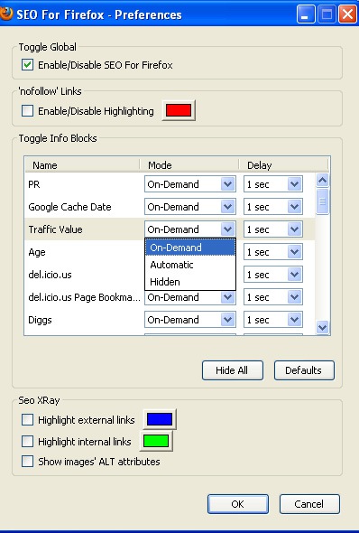 SEO for Firefox - options