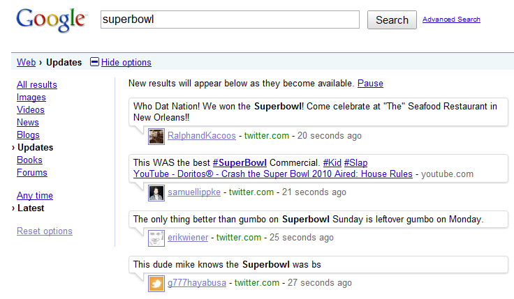 Google real-time results
