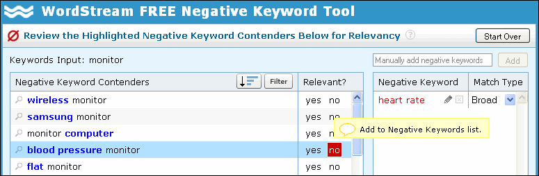Negative keyword tool store