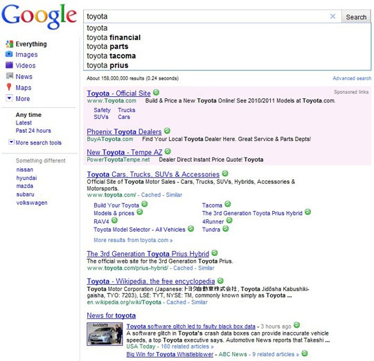 Google Instant Results for Toyota