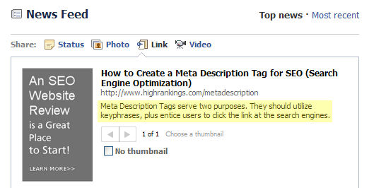 HighRankings’com page posted on Facebook showing Meta Description.