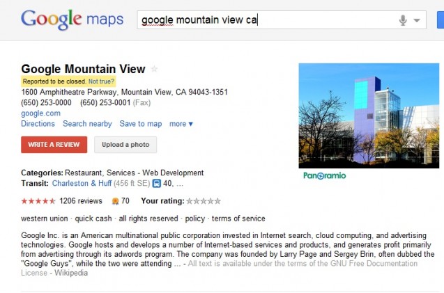 Google Places “Report a Problem” Subject to Manipulation
