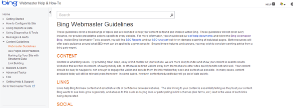 Bing Webmaster Guidelines (screenshot)