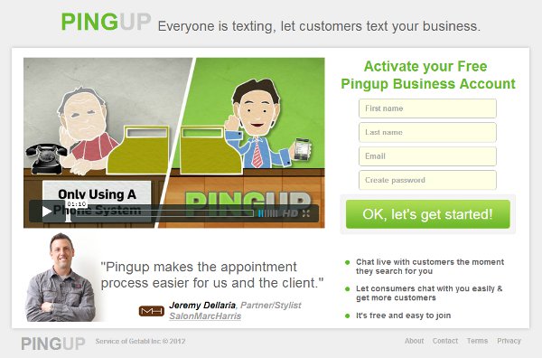 Pingup screenshot of business signup
