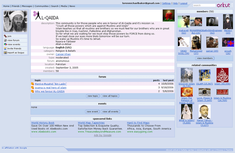 Google AdWords Served on Orkut Terror & Jihad Groups