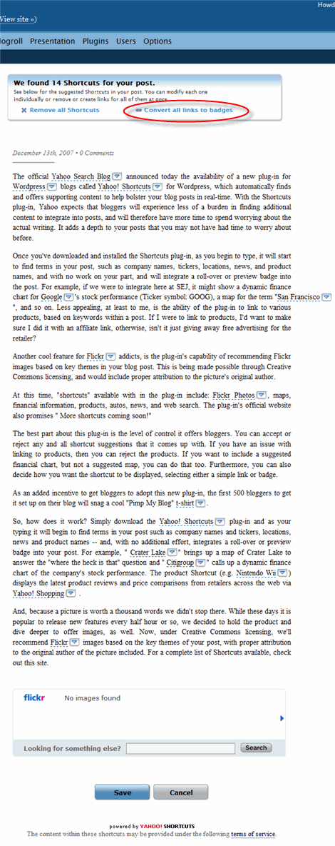 Yahoo Launches Shortcuts Plugin For WordPress Blogs : Very Cool!
