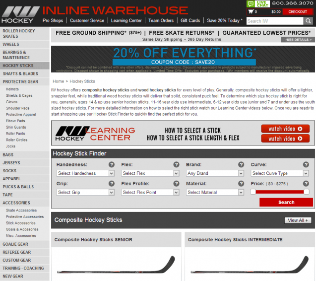 Inline Warehouse Hockey Sticks Landing Page
