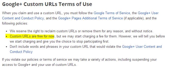 google+ custom url tos