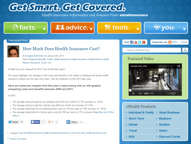 Screenshot of eHealthinsurance's blog