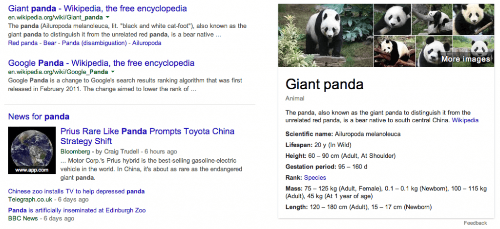 Example of Google's Knowledge Graph (on right) satisfying a query