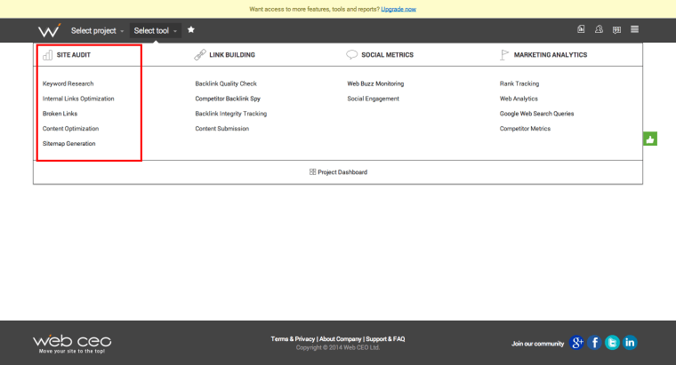 WebCEO organisation of data