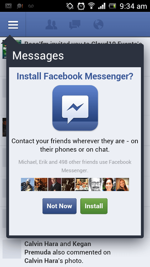 Facebook messenger popup to download app Photo/ Screen shot 08/23/2014 www.facebook.com