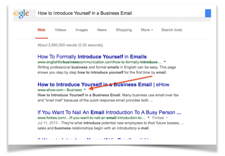 Screenshot of Google Search for "How to introduce yourself in a business email"