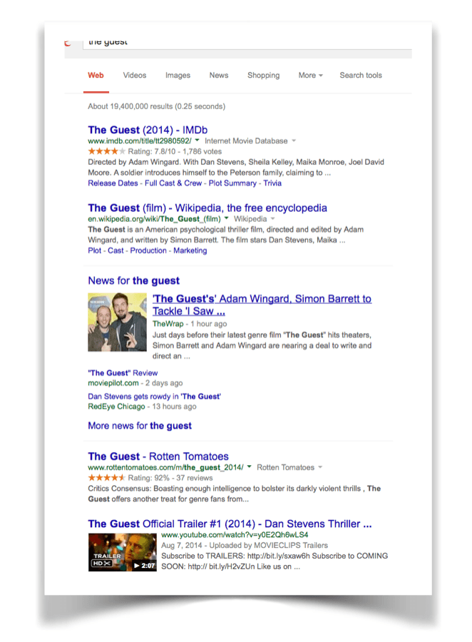 Screenshot of Google search for "the guest"