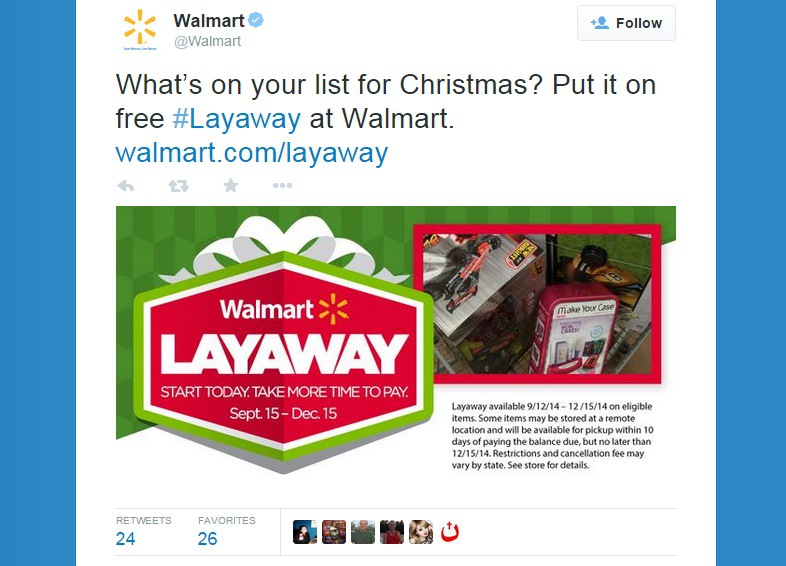 Screenshot of @Walmart taken on 11/5/2014