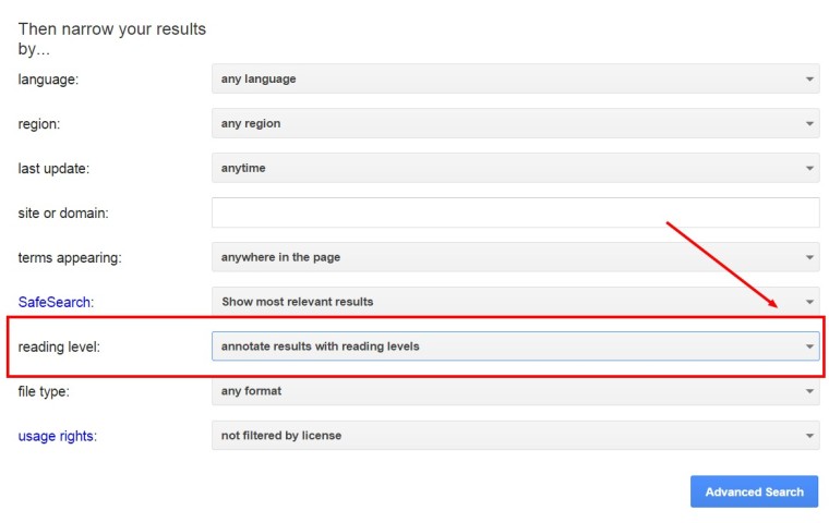 Google advanced search reading level annotation