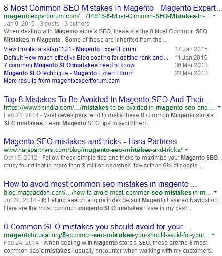 Screenshot of February 1st, 2015 Magento SEO Search Results