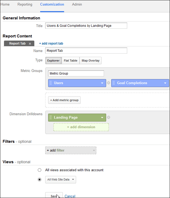 Screenshot of setting up a Google Analytics custom report for landing pages.