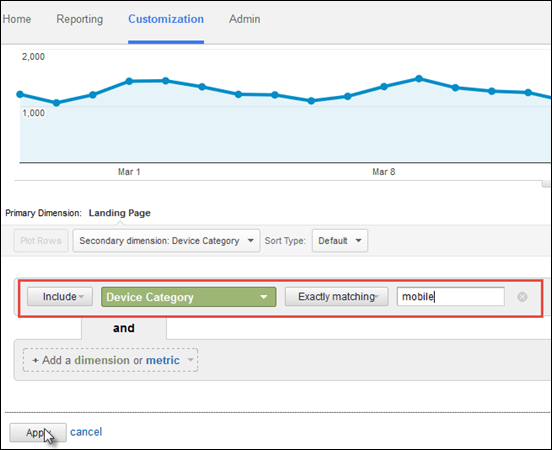 Screenshot of how to configure a mobile only device category filter in a custom landing page report in Google Analytics