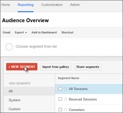 Screenshot of creating a new, custom segment in Google Analytics.