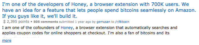 Honey co-founder asks /r/Bitcoin about integrating Bitcoin into their browser extension.