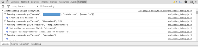 Google Analytics Debugger Console Screenshot