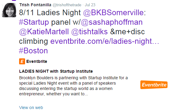 Screenshot showing a tweet from a Startup Institute Community Manager promoting a local events