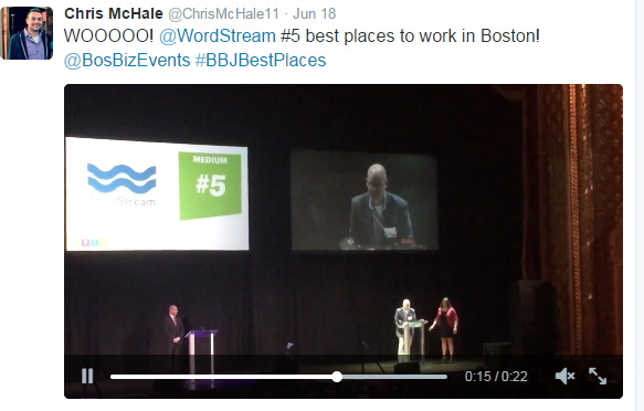 Humanize brand image showing a Tweet of a WordStream employee promoting the company