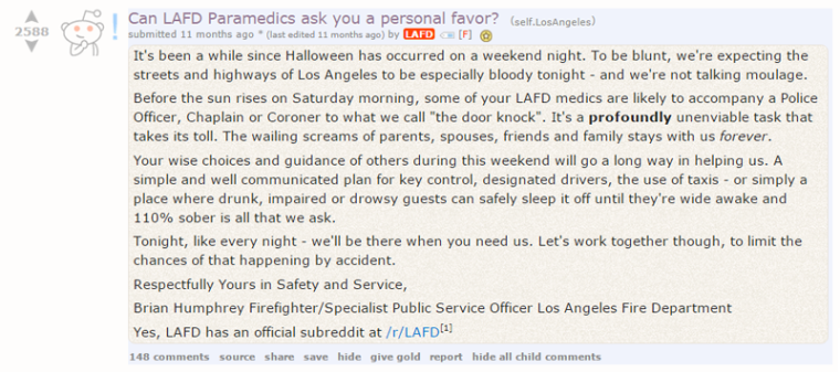 The Los Angeles Fire Department asks /r/LosAngeles for a favor