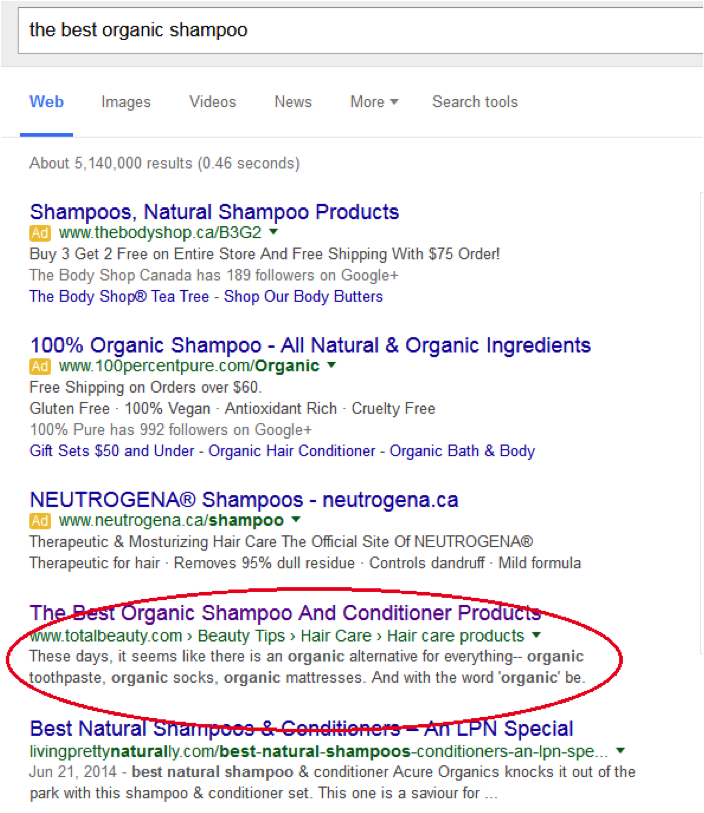 SERP for Best Organic Shampoo