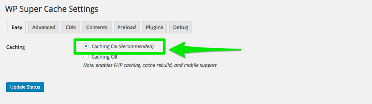 Enable Cache Screenshot from WP Super Cache Settings