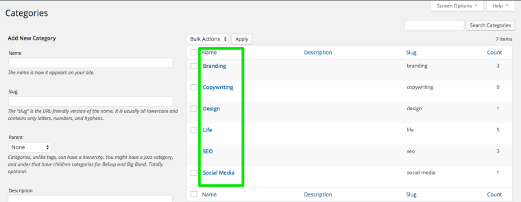 Screenshot of Anna Crowe WordPress Categories