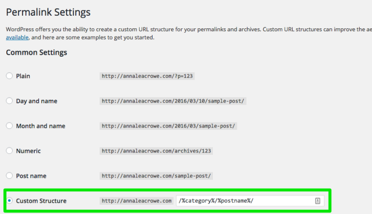 WordPress Permalink Settings Screenshot Anna Crowe