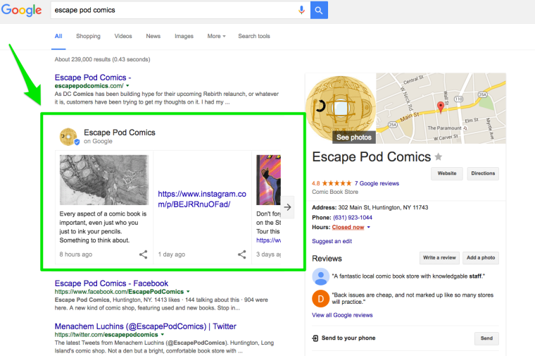 Google Local Results Escape Pod Comics