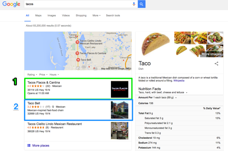 Google Local Results Tacos Search Query