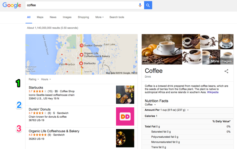Google Local Search Results Coffee Search Query