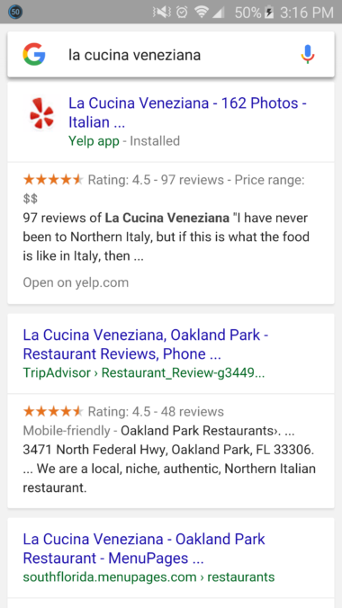 Google mobile search results displaying Yelp app content